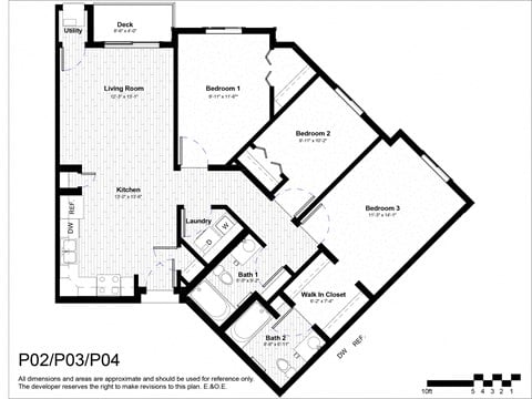 Floor plan for 3 beds, 2 baths, 1047 sqft